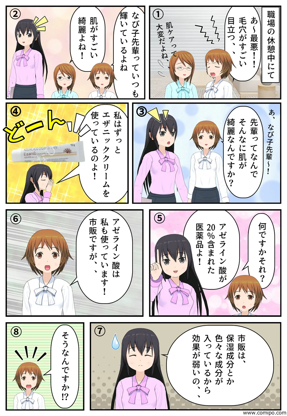 “職場の休憩中にて。「あ～最悪！毛穴がすごい目立つ、、」「肌ケアって大変だよね、、」「なび子先輩っていつも輝いているよね」「肌がすごい綺麗よね！」「あ、なび子先輩～！先輩ってなんでそんなに肌が綺麗なんですか？」「私はずっとエザニッククリームを使っているのよ！」「何ですかそれ？アゼライン酸が20%含まれた医薬品よ！」「アゼライン酸は私も使っています！市販ですが、、」「市販は、保湿成分とか色々な成分が入っているから効果が弱いの、、」「そうなんですか！？」”